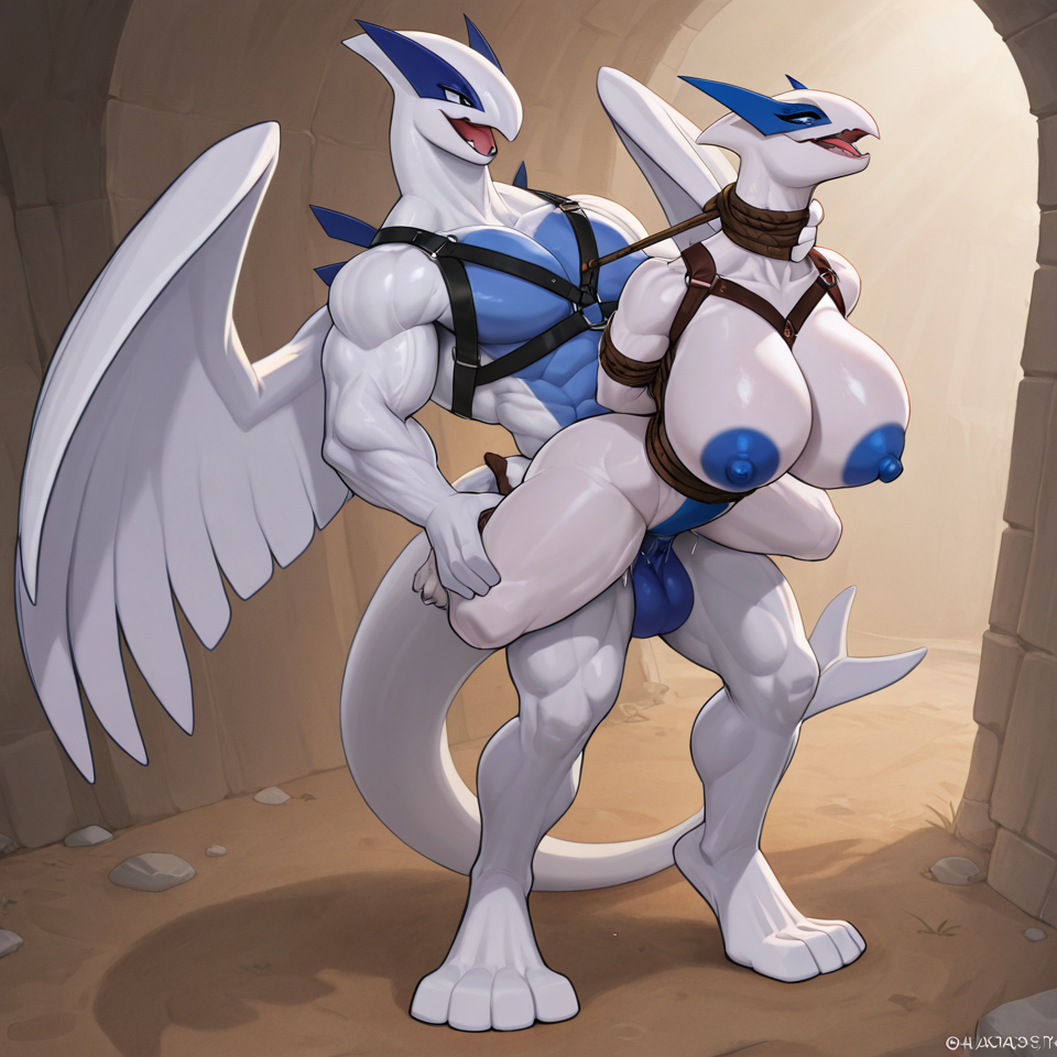 By Skygracer, female, lugia, muscular_anthro, big_breasts, big_butt, reverse_stand_and_carry_position, chest_harness, fully_bound, bound_together, arms_tied, legs_tied, tied_to_partner, cock_lifted BREAK male, lugia, muscular_anthro, male_penetrating_female, chest_harness, standing, carrying_partner, holding_breast