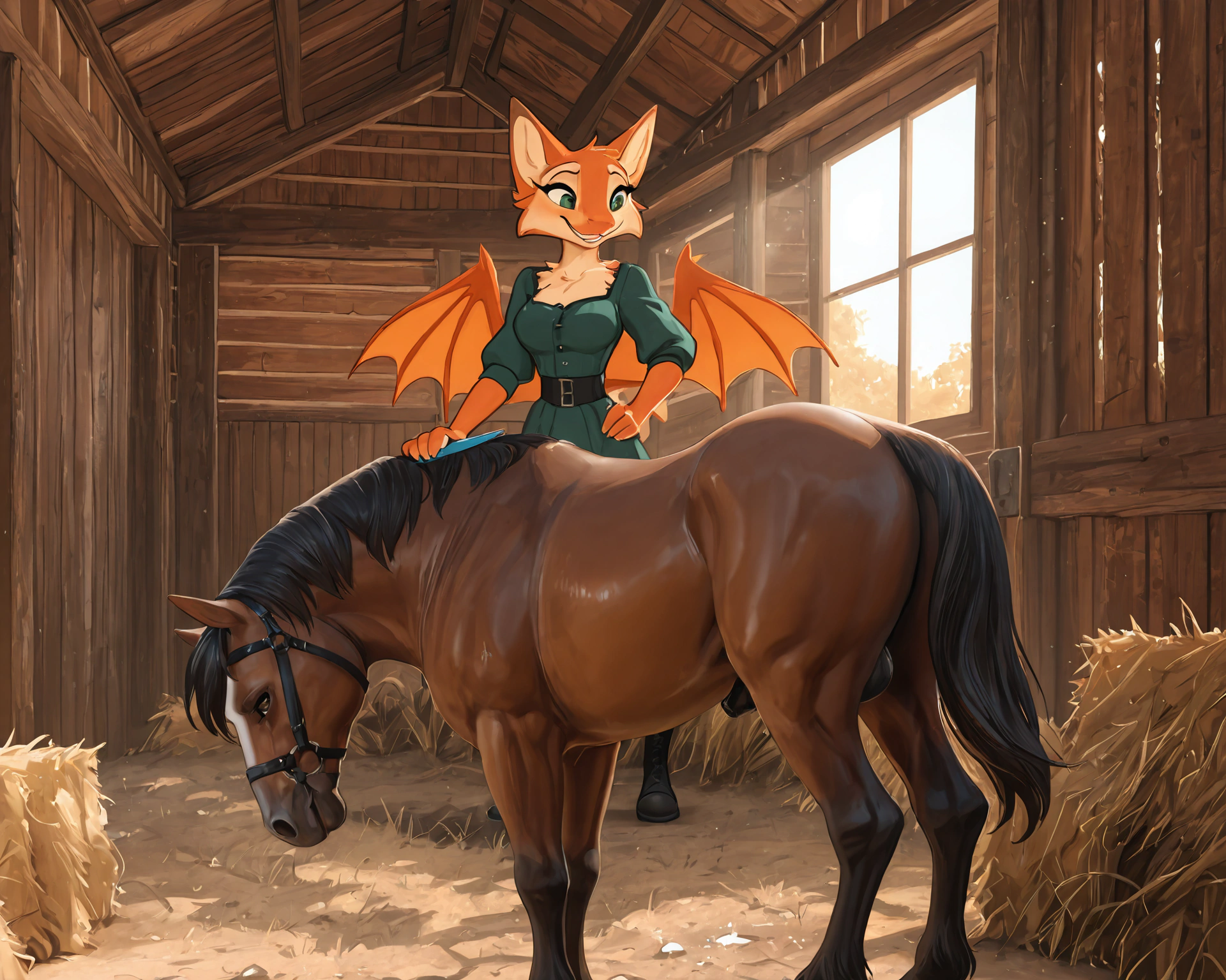 by_kluclew, duo, furred_dragon, anthro, furred_wings, orange_fur, digitigrade, three_toes, dragon_claws, female, small_breasts, clothed_anthro, slender, happy, gleeful, toothy_smile, barn, stable, brushing_horse, standing, next_to_partner, side_by_side BREAK quadruped, equine, horse, feral, realistic_feral, brown_body, equine_genitalia, sheath, flaccid, fully_sheathed, larger_male, large_horse