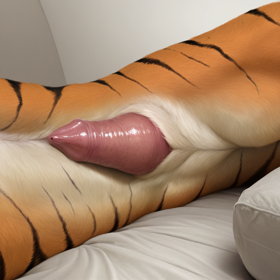 solo, tiger, realistic_feral, realistic_penis_size, anatomically_correct, anatomically_correct_genitalia, anatomically_correct_penis, feral, male, side_view, lying_on_bed,