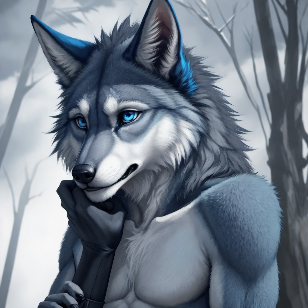 Slim grey/blue wolf with blue eyes and nude_male with realistic_cock cock_in_hand