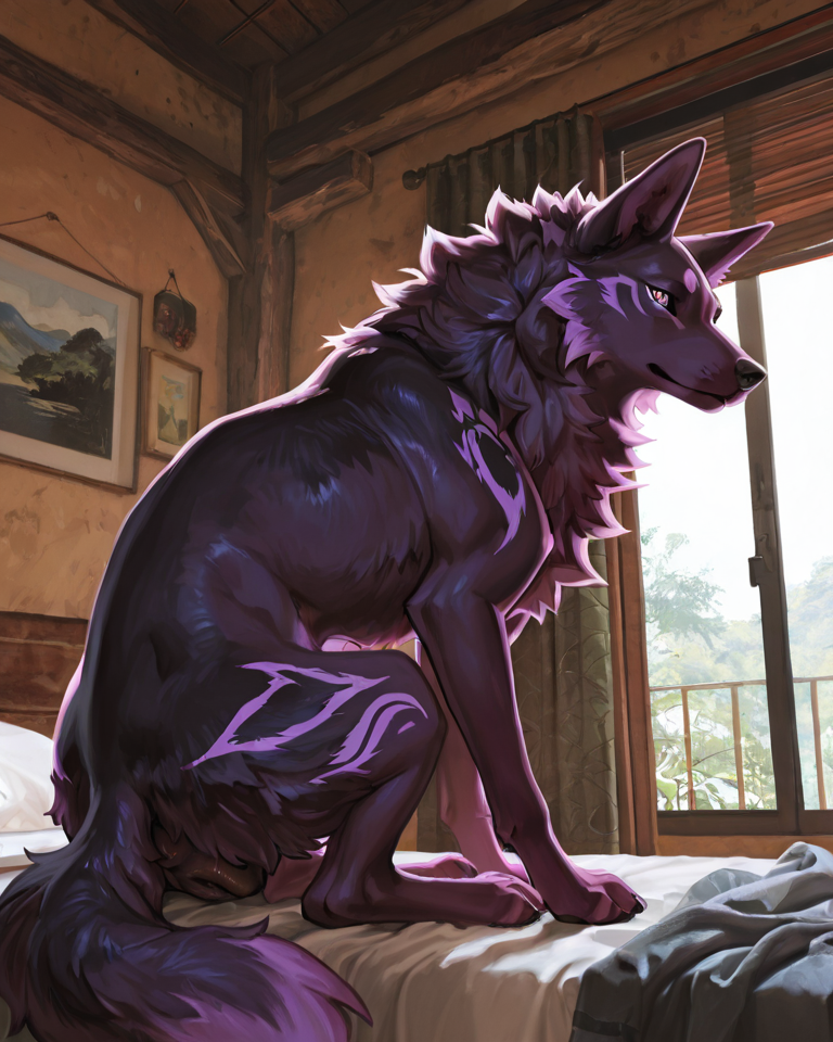 by bebebebebe, by nagabe, by urarenga,  by kikurage,photorealism, 8k, masterpiece,ultra_resolution, dynamic details, volumetric lighting,sharp lines, extremely detailed, (feral:2.0), female, canine, (canine_vulva:1.3),  anatomically_correct, purple fur, looking at viewer, sitting, side_view,  bedroom