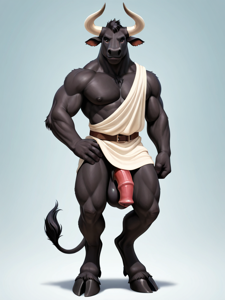 Anthropomorphic black minotaur man, fully anthro, full fur covered body, digitigrade legs, bovine hooves, , non-bovine face structure, bull-like facial proportions, expressive bovine ears, thin tail, anthro minotaur body proportions, animal-like anatomy, furry character, muscular anthro build, strong digitigrade legs, anthropomorphic minotaur man, not human, full furry character Confident stance, bold personality, greek island setting, photorealistic furry anthro character fully anthropomorphic animal character, non-human anatomy, furry anthro character, animal face, bovine muzzle anthropomorphic minotaur furry character, NOT human, animal head, bovine muzzle, fur covered body, digitigrade legs, paw hands, hoove feet, full anthro anatomy naked, fully_sheathed, sheathed_bovine_penis, bovine_genitalia, red_penis, big_balls, full_balls, greek toga, toga clothing, reveling clothing, black_body,  black_fur,
