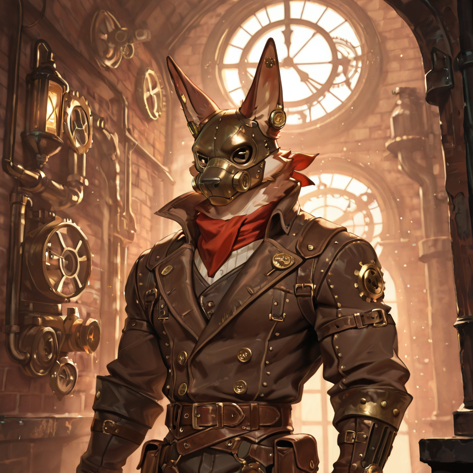 Muscular, steampunk, partially_clothed, mask_only,