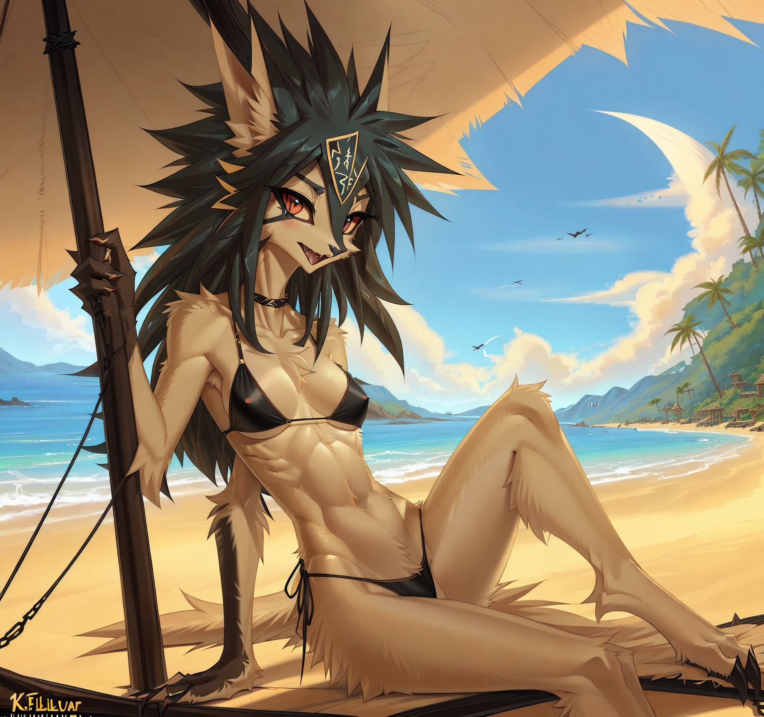 (by_kluclew:1.5) (by_fluff-kevlar:1.5), female, kobold, furred_kobold, yellow_fur, bikini_thong, suggestive, full_body, beach, thin, slender, small_waist, small_butt, digitigrade:1.4, three_toes, skimpy_bikini, furred_body, leg_tuft, arm_tuft, three_toes, fur, furred_body, fluffy, fluffy_tail, fluffy_chest, fluffy_ears, lewd_expression