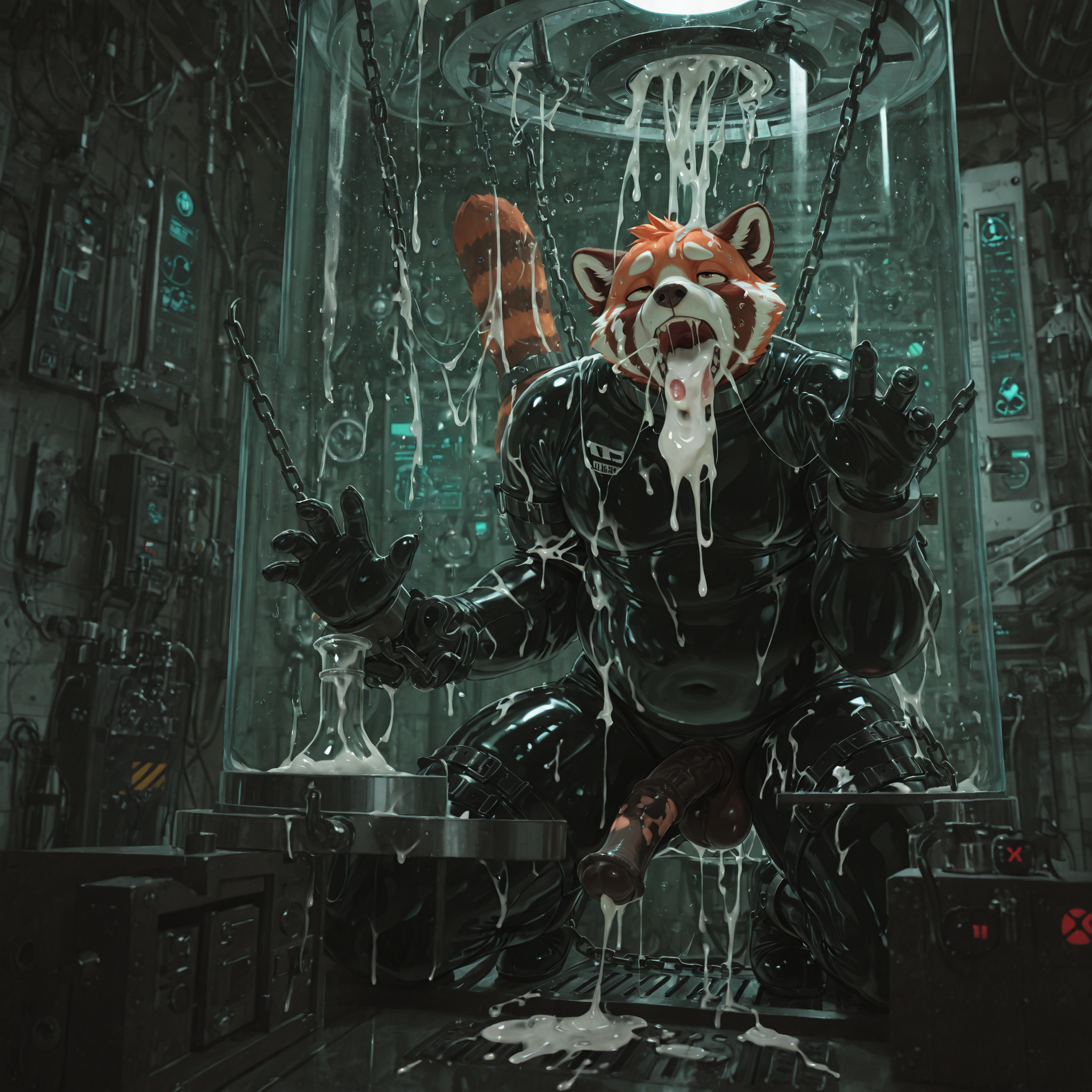 solo, red_panda, slightly_chubby, male, anthro, equine_penis, anatomically_correct, rubber_suit, chained, cum_in_own_mouth, cum_tube, laboratory, explicit
