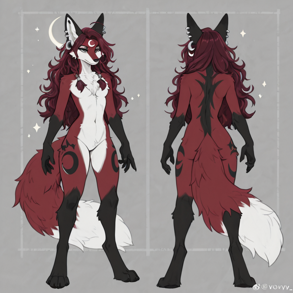anthro female fox, dark burgundy red fur, slim build, digitigrade legs, nude, neutral pose, fluff on chest, dark red hair, wavy hair, long hair, loose hair, braided hair, multiple small braids, hair wraps light grey-green eyes, ivory muzzle, ivory chest fur, ivory belly fur, ivory tail tip, black forearms, black hands, black lower arms, black legs, black feet, black from knees down, black stripe next to nose, black ear tips, charcoal black markings, black stripes on thighs, black stripes on upper arms crescent moon marking, white crescent moon, upside-down crescent moon on forehead with points upwards, white crescent moon on tail, white crescent moon on black, long fluffy tail, tail accessory, metal tail ring, silver tail band, braided tail fox ears, ear piercings, silver ear hoops clean lines, full body, front view, reference sheet style