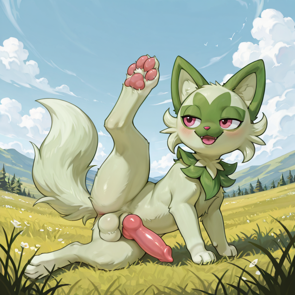 sprigatito，male,futa,longeyelashes,  nsfw, long tail,pawpads, naughty_face, paws, solo,  feral, （by rabbitadvisory：1.5）， grass,  on_side, foot_focus, animal_genitalia,  style_emulation,  leg_up,  standing,