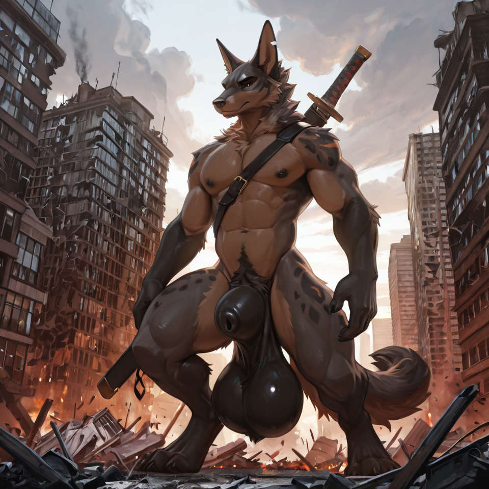 building_destruction, nude_male, anthro, sheath, huge_balls, huge_sheath,