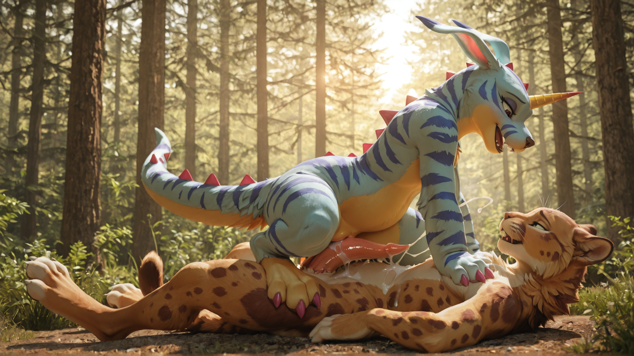 duo, (3d:1), (photorealism:1.3), (realistic:1.3), adult, (detailed:1), (gabumon:1),  female, (feline_pussy:1.4),  (feline_vulva:1.3), (fluffy:1), genital_fluids, cougar, male, (genital_slit:1.2), (tapering_penis:2), (spiked_penis:1.3),  (pussyjob:2), female_riding_male, cowgirl_position, side_view, cum,  cumshot,  overstimulation, forest,  looking_pleasured,  full_body, lying_on_ground, female_on_top,  looking_at_another,