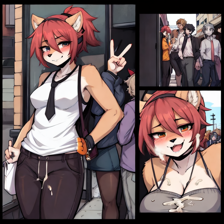 public_sex, free_use, v_sign, 4_panel_comic, cum_overflow, seductive, tomboy, group_sex,