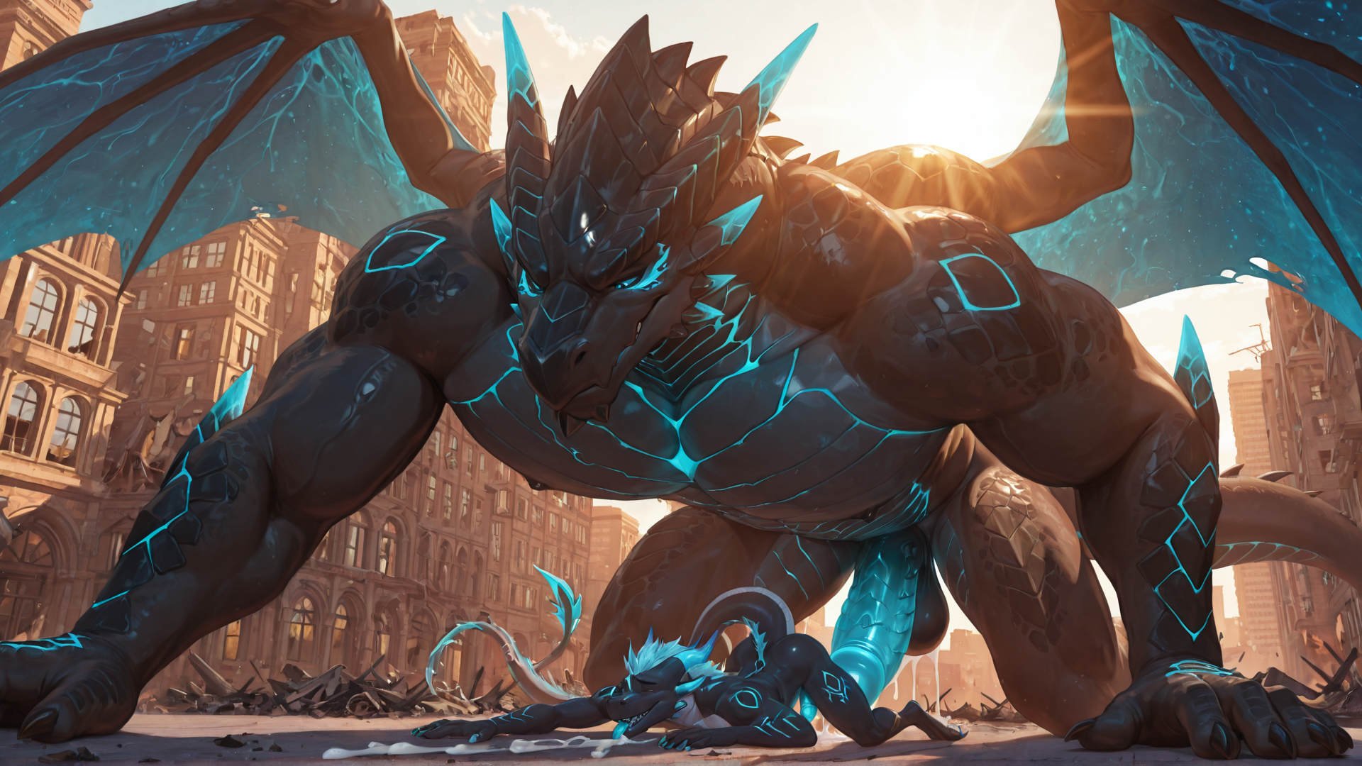 Aidennguyen17_style, adult only, male/male, Dragon_Acnologia, wings, muscular_male, muscular, glowing_penis, big_penis, crawling, self_lick, building_destruction, building_penetration, size_difference,  high quality, 4k, sunlight, cum_drip, more colorful,