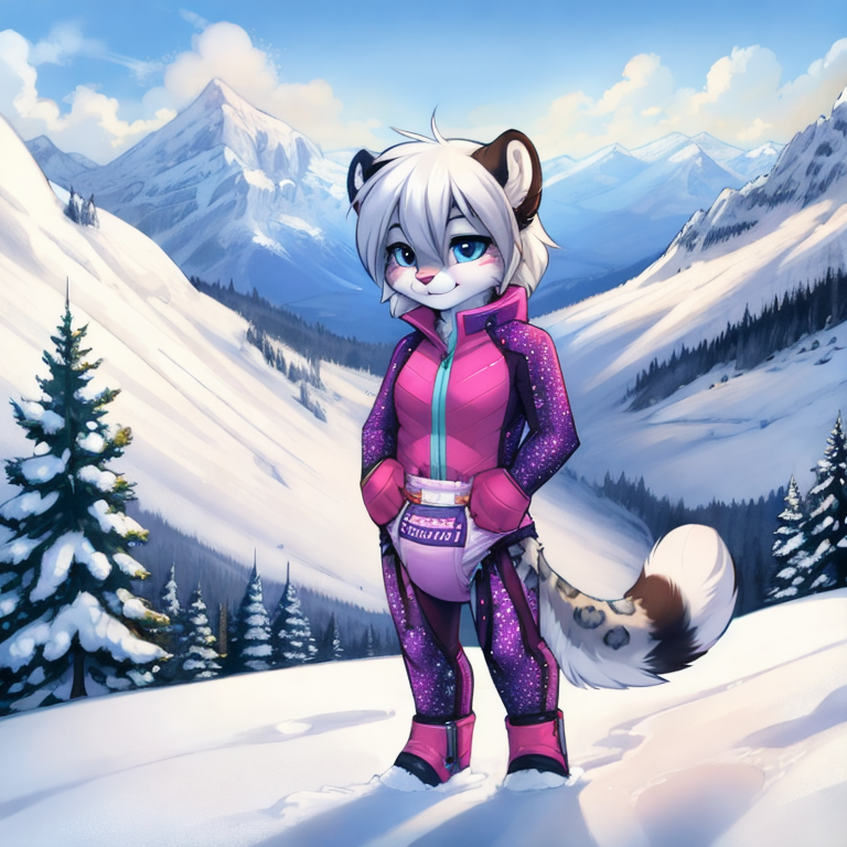 by tom fischbach,by arh,by seraziel,by silverfox5231, Character: feline,snow leopard, feral,detailed face,female,cute face, solo, solo, Wearing:  pattern skinsuit, diaper_under_clothing, vibrator_in_ass,  Scene:outside, mountain, snow, best_quality, HDR, 4K,