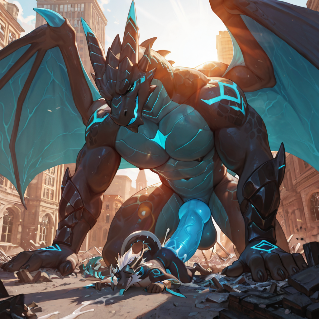 Aidennguyen17_style, adult only, male/male, Dragon_Acnologia, muscular_male, glowing_penis, big_penis, crawling, self_lick, building_destruction, building_penetration, size_difference,  high quality, 4k, sunlight, cum_drip, more colorful,