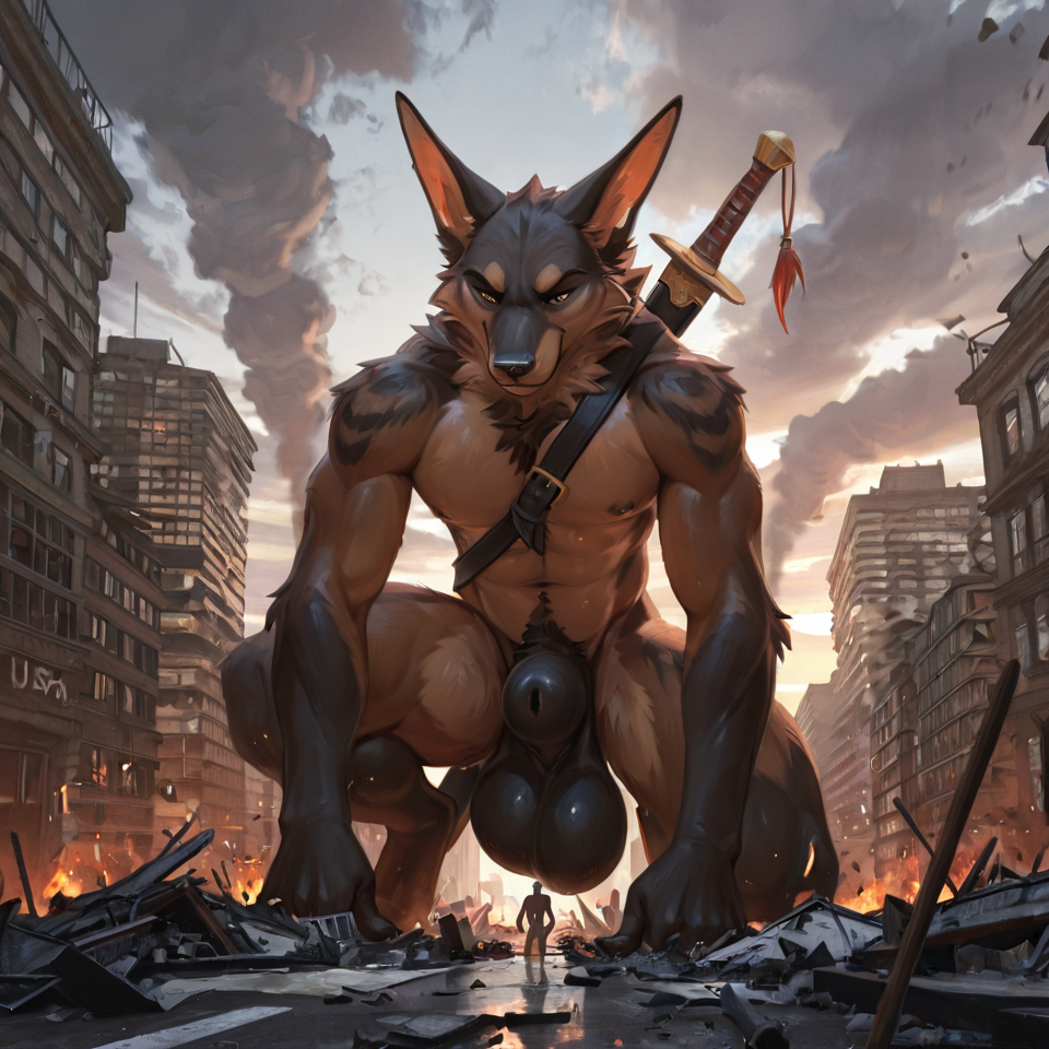building_destruction, nude_male, anthro, sheath, huge_balls, huge_sheath, tiny_people, shoving_people_into_sheath