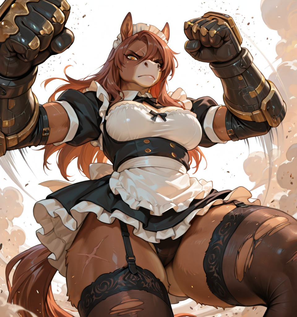 horse girl, anthro, maid uniform, torn clothing, scar, serious face, skimpy, clothing cutout, medium breasts, thighhighs, thighs, garter straps, dust cloud, long hair, (incoming attack:1.2), punching, (foreshortening:1.2), (close-up:1.3), dynamic pose, female, motion lines, afterimage, power fist,  brown fur, looking at viewer, shaded face, low-angle view, front view,