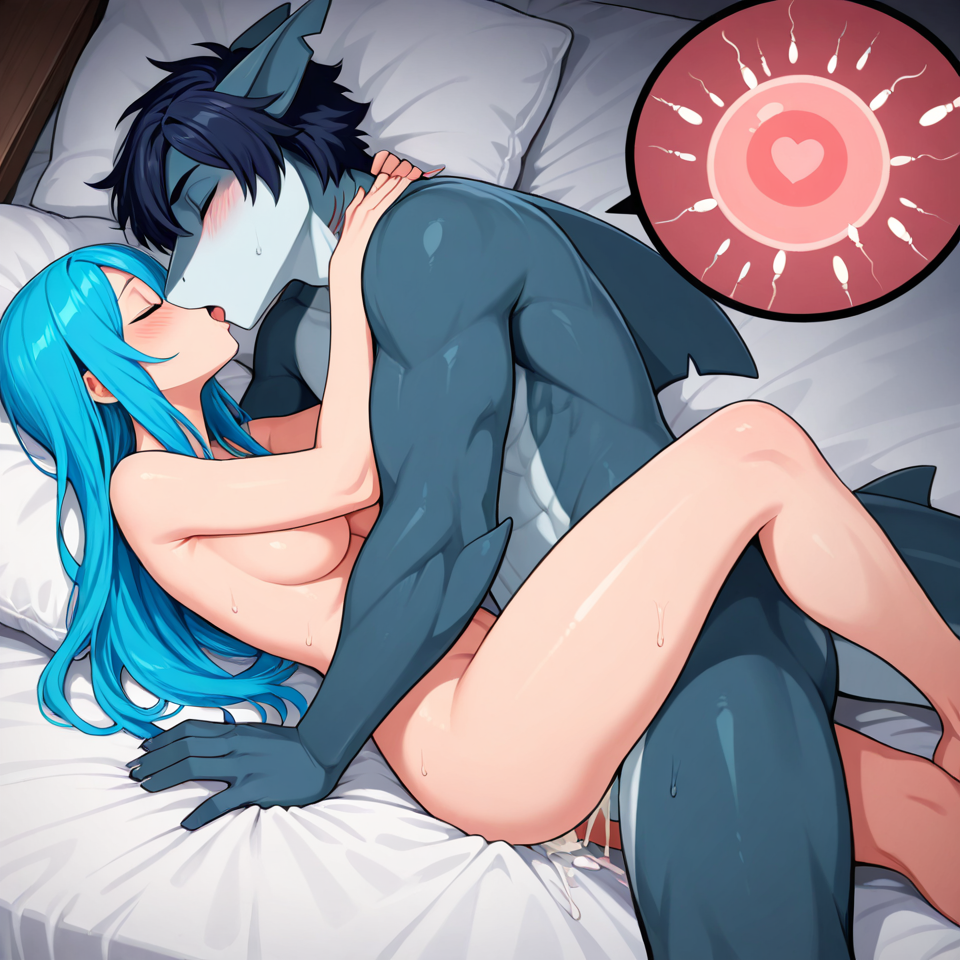anthro_on_human, human, male/female, vaginal_penetration, impregnation, cum, (anthro_male shark with hair and ears, athletic_anthro), male_anthro, female_human, female_human, female_human, love, breeding, hugging_from_front, romantic_couple, full_naked, lying on the bed, kissing