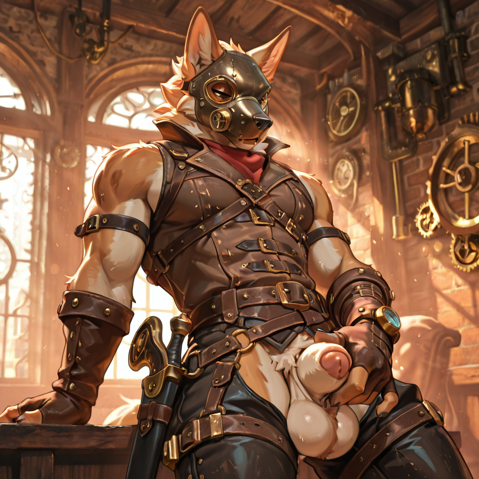 Muscular, steampunk,mask_only, animal_genitalia, sheath, balls, sleeveless_clothing, big_sheath, penis_tip, penis_poking_out,
