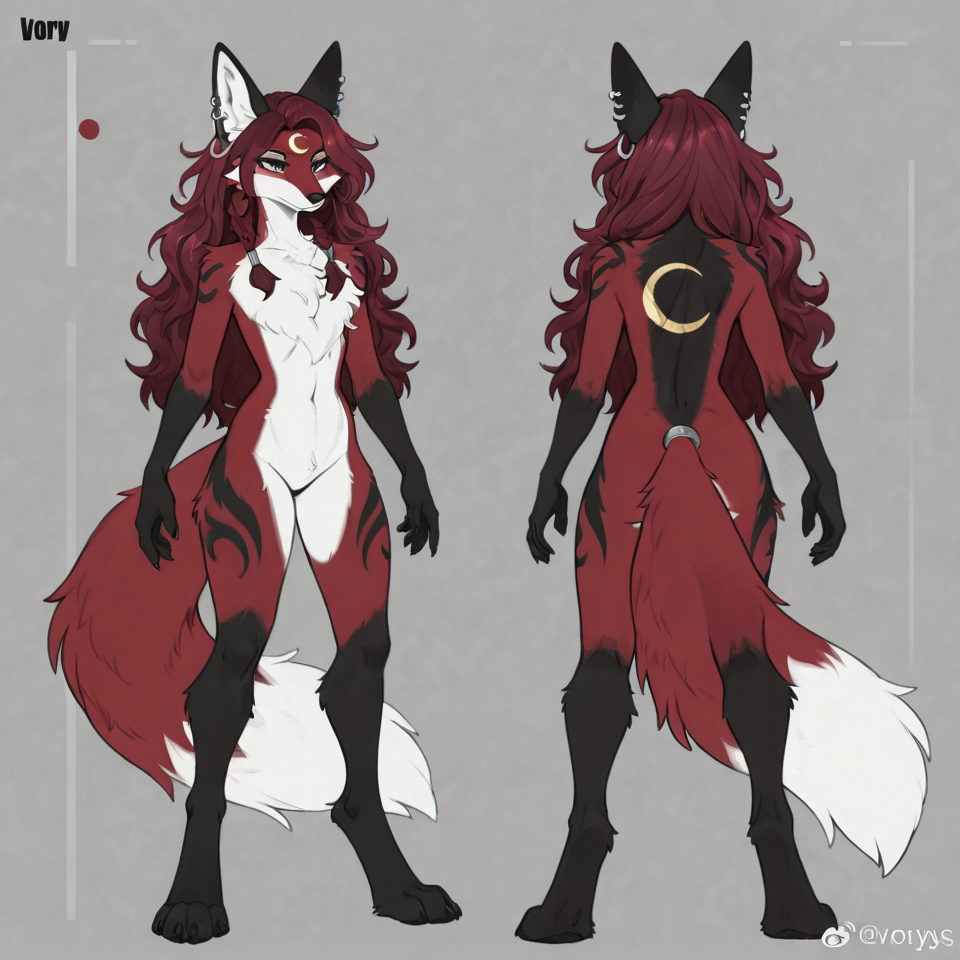 anthro female fox, dark burgundy red fur, slim build, digitigrade legs, nude, neutral pose, fluff on chest dark red hair, wavy hair, long hair, loose hair, braided hair, multiple small braids, hair wraps light grey-green eyes ivory muzzle, ivory chest fur, ivory belly fur, ivory tail tip black forearms, black hands, black lower arms, black legs, black feet, black from knees down, black stripe next to nose, black ear tips, charcoal black markings, black stripes on thighs, black stripes on upper arms crescent moon marking, white crescent moon, upside-down crescent moon on forehead with points upwards, white crescent moon on tail, white star design on each shoulder long fluffy tail, tail accessory, metal tail ring, silver tail band, braided tail fox ears, ear piercings, silver ear hoops clean lines, full body, front view, reference sheet style