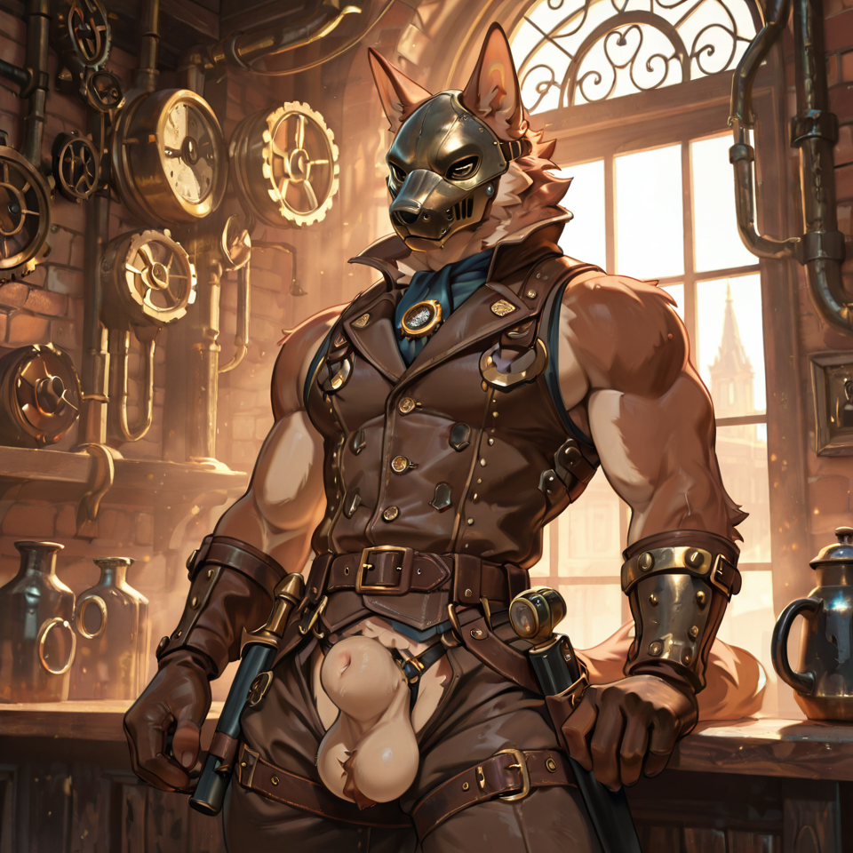 Muscular, steampunk,mask_only, animal_genitalia, sheath, balls, sleeveless_clothing, big_sheath,