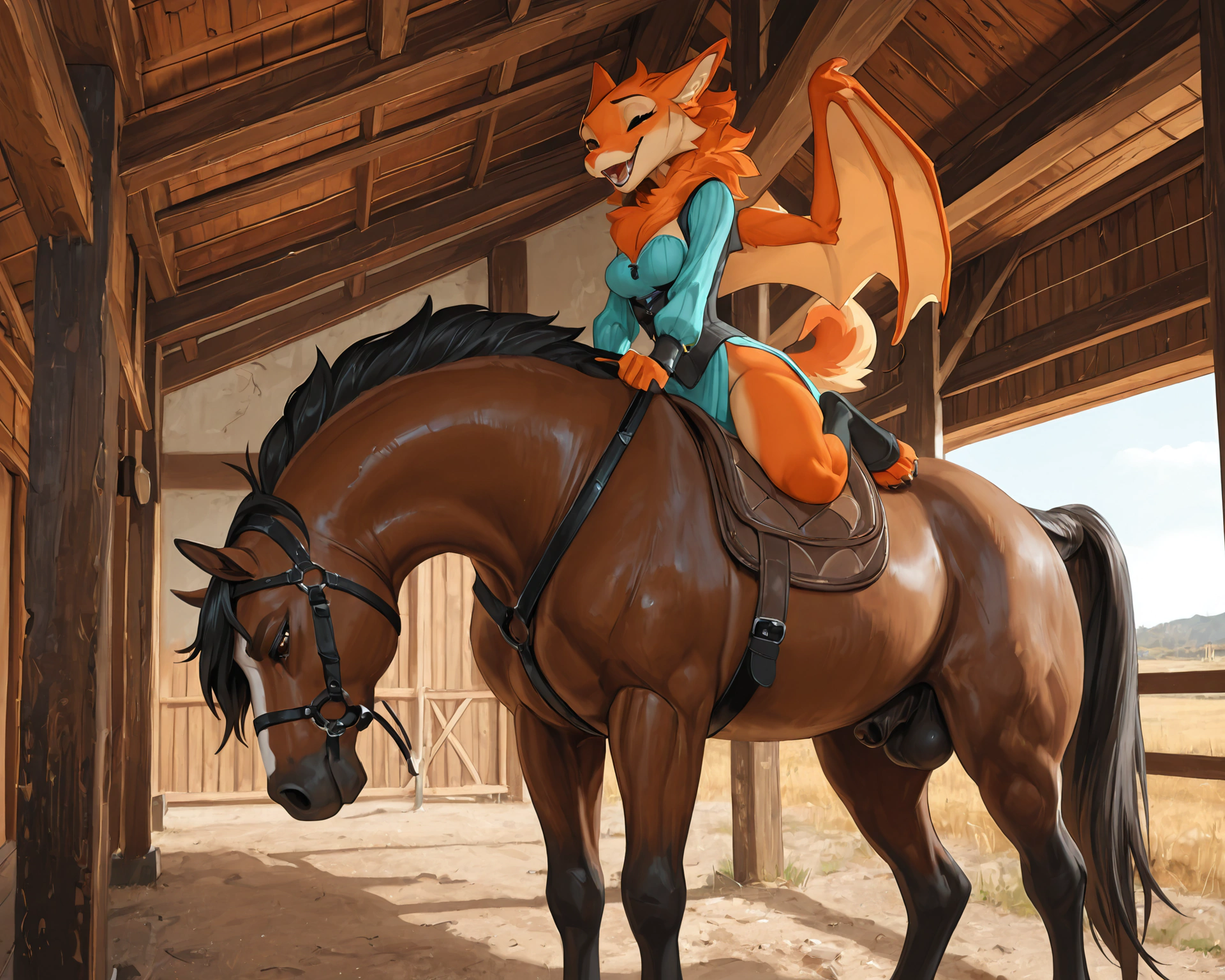 by_kluclew, bestiality, intraspecies_bestiality, duo, furred_dragon, anthro, furred_wings, orange_fur, digitigrade, anthro_three_toes, dragon_claws, female, small_breasts, clothed_anthro, slender, happy, gleeful, toothy_smile, barn, stable, smaller, small_female, kneeling_oral_position, ball_fondling, lustful_gaze, licking_sheath, oral, oral_penetration, servicing_from_below,  BREAK quadruped, equine, horse, feral, realistic_feral, brown_body, equine_genitalia, sheath, flaccid, fully_sheathed, larger_male, large_horse, beside_anthro, male/female