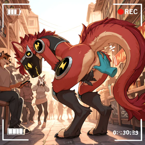 by sleepymuzzle, female, tomboy, slim_anthro, hybrid, protogen, dragon, furred_dragon, solo, standing, digitigrade, toe_claws, open_toe_footwear, digitigrade_footwear, three_toed_claws, pusssy, embarrassed, exhibitionism, red_fur,  worried_look, scared, crowded_market, covering_self, side_view, being_watched, crowd, group_masturbation, masturbating_crowd, shocked_watchers, anus, watching_furries, degradation, taunting, insulting, video_camera, recording, disembodied_hand, disembodied_hand_spreading_ass