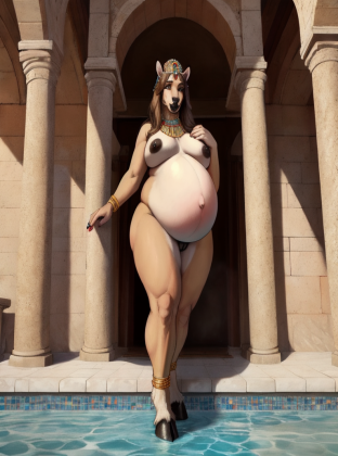 human_on_anthro, chubby, pudgy, curvy_figure, thick_thighs, voluptuous body, hooves, pregnant_female_goat fertility priestess, fat_goat_face, priestess_headdress, giant_massive_pregnant_belly, black_goat_vagina_lips, black_pussy_lips, cream_coloured_crotch_fur, naked, standing_up, long_brown_hair, ancient roman bathhouse, pool, roman jewelry, head to ankle, two_tone_fur, dark_nipples, realistic,
