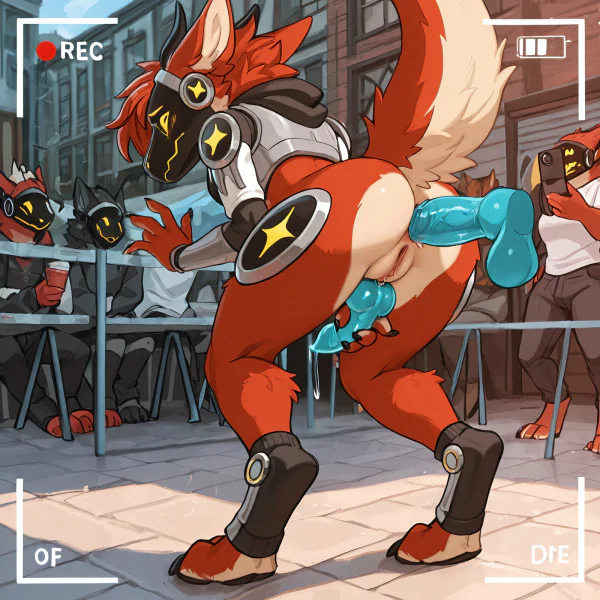 by sleepymuzzle, female, tomboy, slim_anthro, hybrid, protogen, dragon, furred_dragon, solo, standing, digitigrade, toe_claws, open_toe_footwear, digitigrade_footwear, three_toed_claws, pussy, detailed_background, embarrassed, exhibitionism, red_fur,  worried_look, scared, crowded_market, disembodied_hand_restraining, side_view, being_watched, crowd, group_masturbation, masturbating_crowd, shocked_watchers, anus, watching_furries, degradation, taunting, insulting, video_camera, recording, disembodied_hand, translucent_hands, disembodied_hand_spreading_ass, disembodied_penis, disembodied_penis, disembodied_penis_teasing_pussy, translucent_penis, dragon_penis, knot