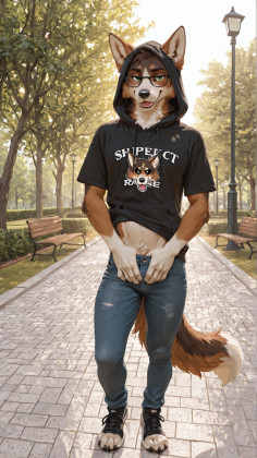 solo, anthro, (male_canine:1.8), full_body, older_canine, multicolored_fur, brown_fur, masterpiece, realistic, detailed, detailed_fur, shiny_coat, green_eyes, male_breast, (black_glasses:1.1), pink_tongue, black_paws, white_breasts, black_nose, brown_ears, white_inner_ear_fluff, small_ears, small_eyelashes, black_eyelashes, black_eyebrows, white_stomach, white_inner_legs, multicolored_face, white_mouth, canine_tail, fluffy_tail, monotone_tail, brown_tail, white_tail_tip, brown_fur_lower_leg, brown_fur_forarm, perfect_hands, perfect_eyes, white_hands, white_toes, black_toe_claws, anatomically_correct, standing_on_ground, clothed_anthro, nerd, (hood_up:1.1), hoodie, black_t-shirt, text_on_t-shirt, jeans, blue_jeans, sneakers, looking_at_viewer, park, nsfw,