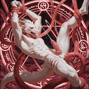 white_body, muscular_Dragon, looking_at_viewer, close-up,  hyper_realistic, suspended_in_the_air, side_view, white_fur , muscular_legs, muscular_arms, six_pack, rib_muscles, held in the air by tentacles,  dragon_tail, obliques, tentacle_sex, orgasm, crying, realistic, hard cock, small_waist, v_line, tentacle_penetration, tentacle_around_neck, tentacle_around_leg, spread_legs, tears_of_pain, drooling, cumshot, tentaclejob, hands_above_head, magic_circle, legs_up,