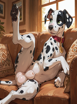 feral Dalmatian, lying on a couch in a house setting, sitting on his side, hind leg lifted, green eyes, with a THICK sheath and plump balls