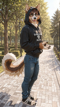 solo, anthro, (male_canine:1.8), full_body, older_canine, multicolored_fur, brown_fur, masterpiece, realistic, detailed, detailed_fur, shiny_coat, green_eyes, male_breast, (black_glasses:1.1), pink_tongue, black_paws, white_breasts, black_nose, brown_ears, white_inner_ear_fluff, small_ears, small_eyelashes, black_eyelashes, black_eyebrows, white_stomach, white_inner_legs, multicolored_face, white_mouth, canine_tail, fluffy_tail, monotone_tail, brown_tail, white_tail_tip, brown_fur_lower_leg, brown_fur_forarm, perfect_hands, perfect_eyes, white_hands, white_toes, black_toe_claws, anatomically_correct, standing_on_ground, clothed_anthro, nerd, (hood_up:1.1), hoodie, black_t-shirt, text_on_t-shirt, jeans, blue_jeans, sneakers, looking_at_viewer, park, sfw,