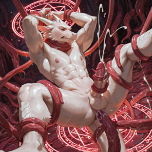 white_body, muscular_Dragon, looking_at_viewer, hyper_realistic, suspended_in_the_air, side_view, white_fur , muscular_legs, muscular_arms, six_pack, rib_muscles, held in the air by tentacles,  dragon_tail, obliques, tentacle_sex, orgasm, crying, realistic, hard cock, small_waist, v_line, tentacle_penetration, tentacle_around_neck, tentacle_around_leg, spread_legs, tears_of_pain, drooling, cumshot, eyes closed, tentaclejob, hands_above_head, closed_frown, magic_circle, legs_up,