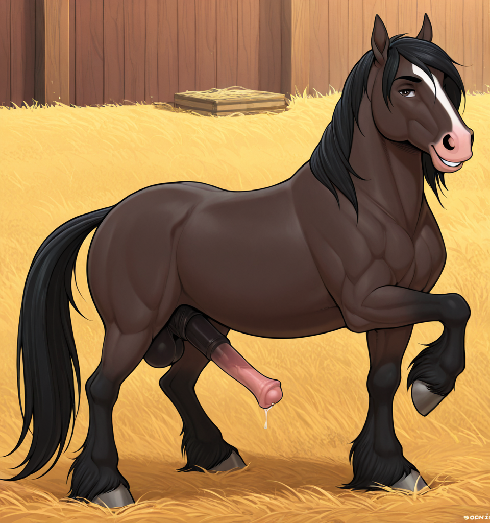 male feral horse, equine genitalia, leaking pre, smiling at viewer, feral horse, horse, male, horsecock, presenting penis