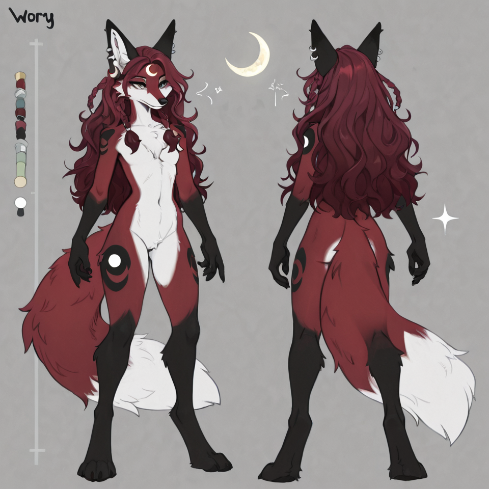 anthro female fox, dark burgundy red fur, slim build, digitigrade legs, nude, neutral pose, fluff on chest dark red hair, wavy hair, long hair, loose hair, braided hair, multiple small braids, hair wraps light grey-green eyes ivory muzzle, ivory chest fur, ivory belly fur, ivory tail tip black forearms, black hands, black lower arms, black legs, black feet, black from knees down, black stripe next to nose, black ear tips, charcoal black markings, black stripes on thighs, black stripes on upper arms crescent moon marking, white crescent moon, upside-down crescent moon on forehead with points upwards, white crescent moon on tail, white star design on each shoulder long fluffy tail, tail accessory, metal tail ring, silver tail band, braided tail fox ears, ear piercings, silver ear hoops clean lines, full body, front view, reference sheet style