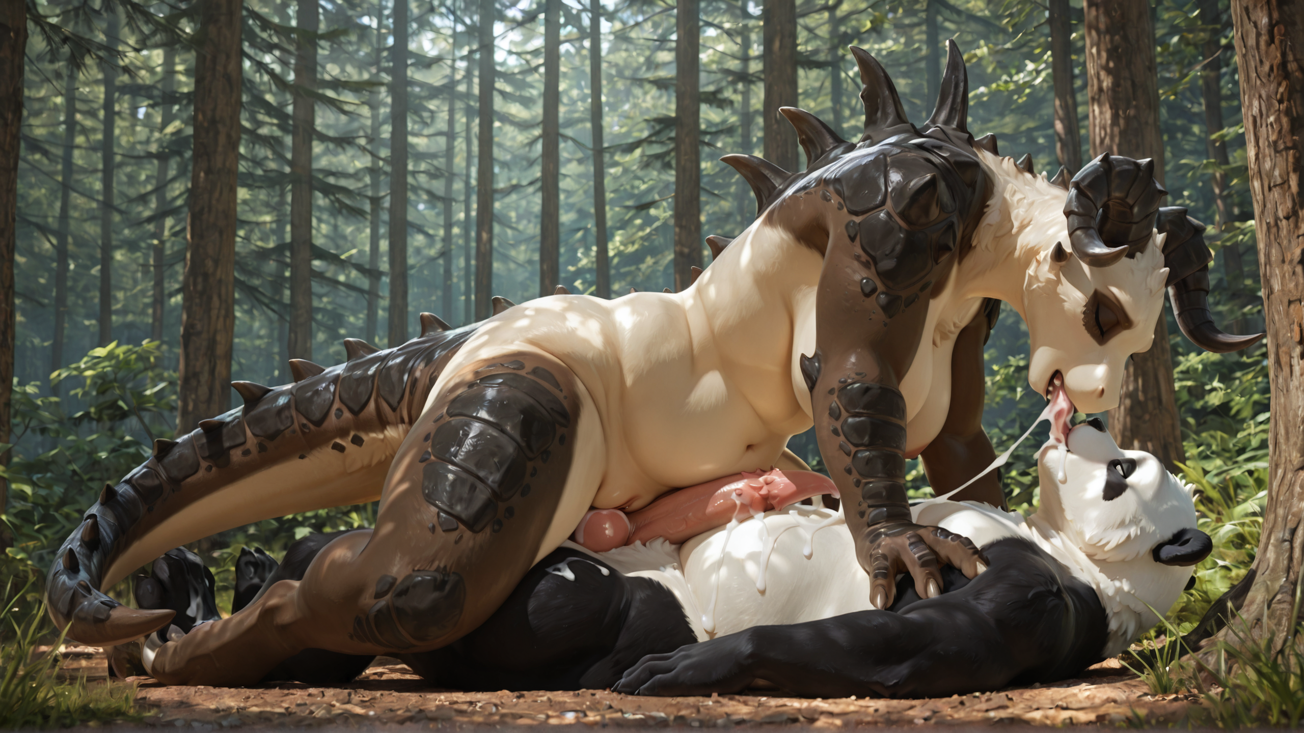 duo, (3d:1), (photorealism:1.3), (realistic:1.3), slightly_chubby_female, adult, (detailed:1), (panda:1.2), female, (ursine_pussy:1.2), (ursine_vulva:1.2), (fluffy:1),  (deathclaw:1.2), male, (obese_male:1.2), (genital_slit:1.2), (tapering_penis:1.6), (spiked_penis:1.6),  (pussyjob:1.2), female_riding_male, cowgirl_position, side_view, cum, excessive_cum, cum_everywhere, cum_in_mouth, cumshot, (kissing:1.2), forest,  looking_pleasured,  full_body, lying_on_ground, leaning_on_object, female_on_top,