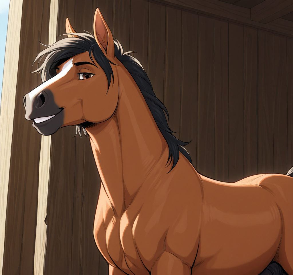 male feral horse, equine genitalia, leaking pre, smiling at viewer, feral horse, horse, male, horsecock, presenting penis