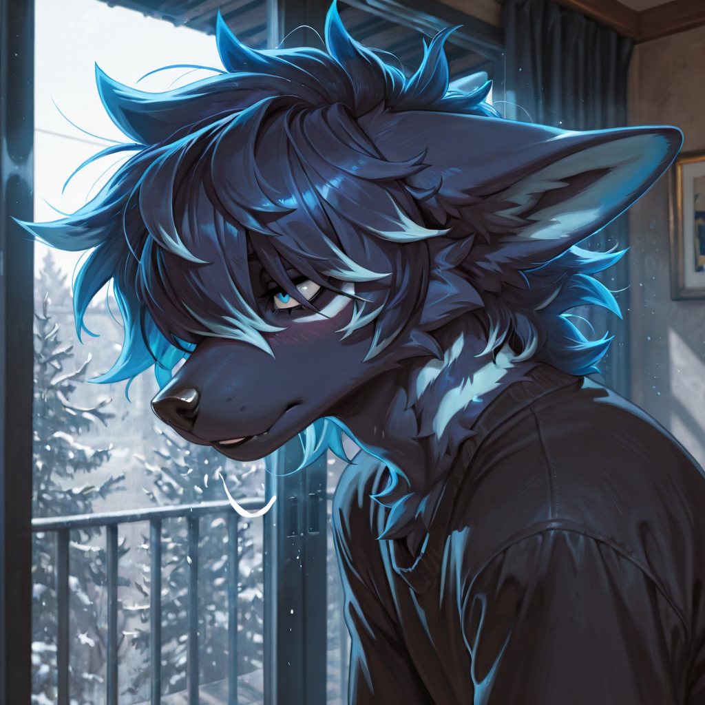 Male femboy, anthro fox,  dark_blue_fur, blue_eyes, Light_blue_markings messy_hair, hair_over_eyes
