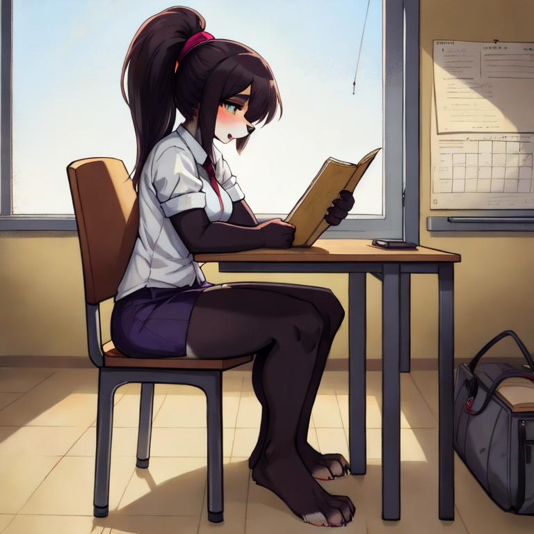 in classroom, anthro girl, sit, barefoot, after sex, studying