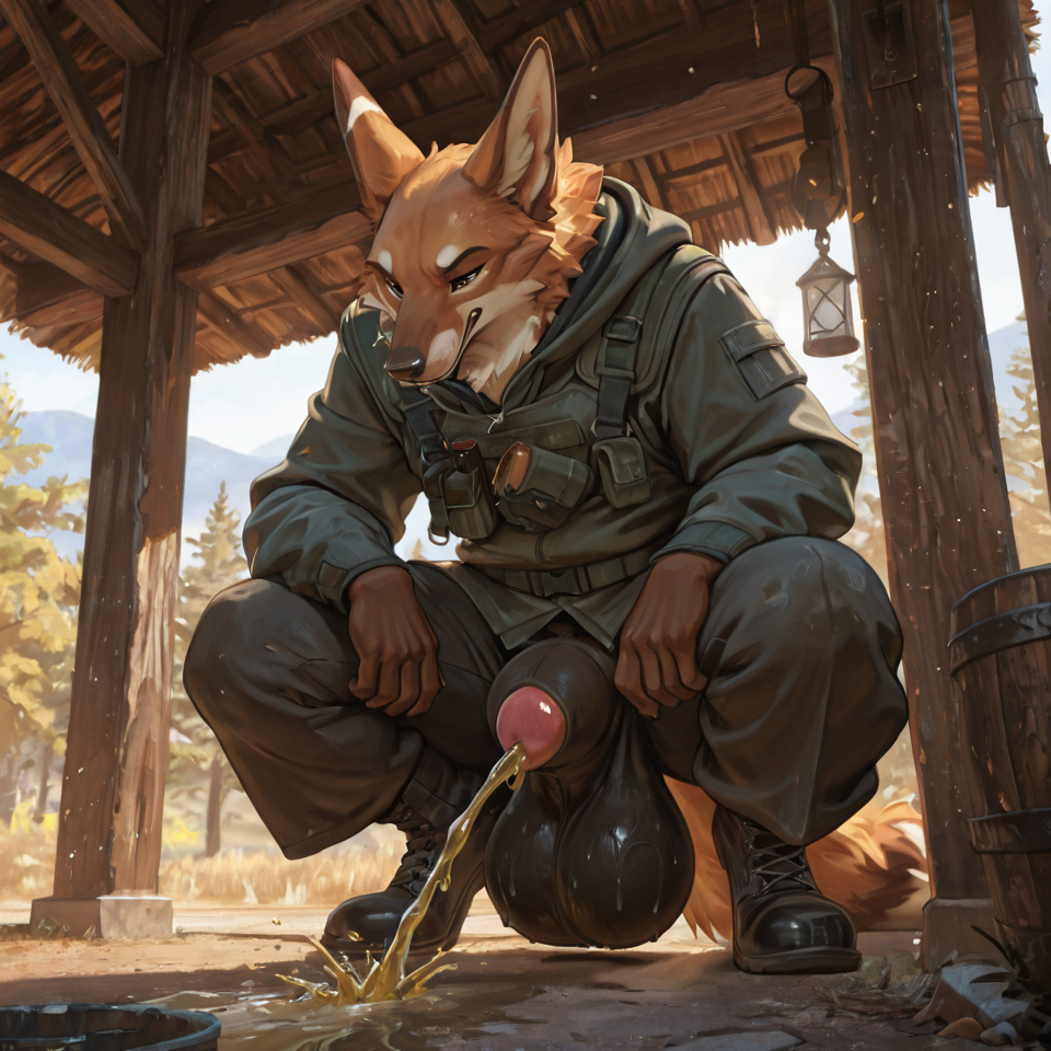 animal_genitalia, huge_sheath, huge_balls, urine_on_ground, fully_clothed,