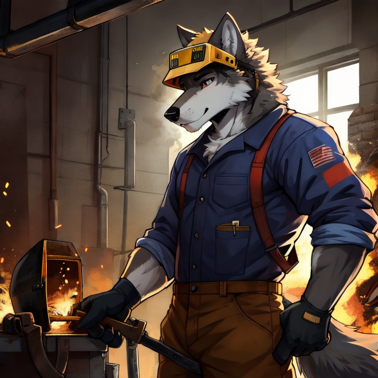 athletic_male, anthro, wolf, Welding welding_mask