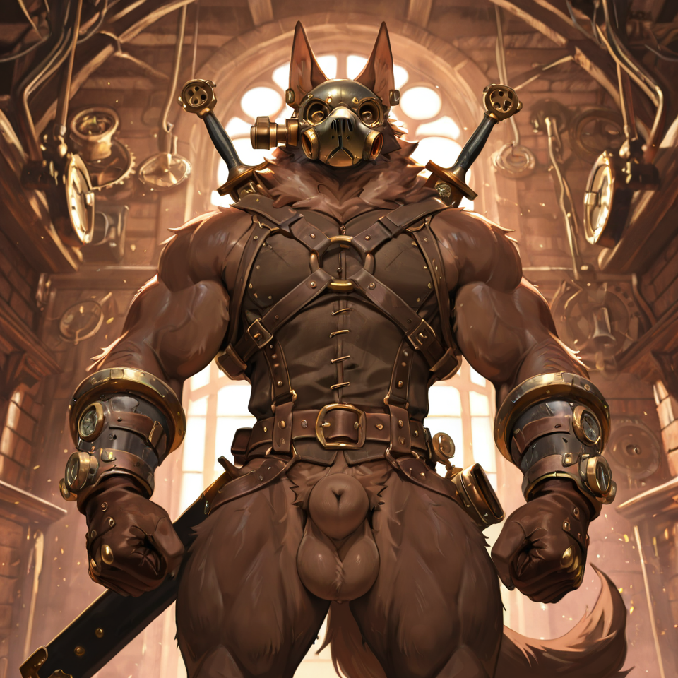 Muscular, steampunk,mask_only, animal_genitalia, sheath, balls,