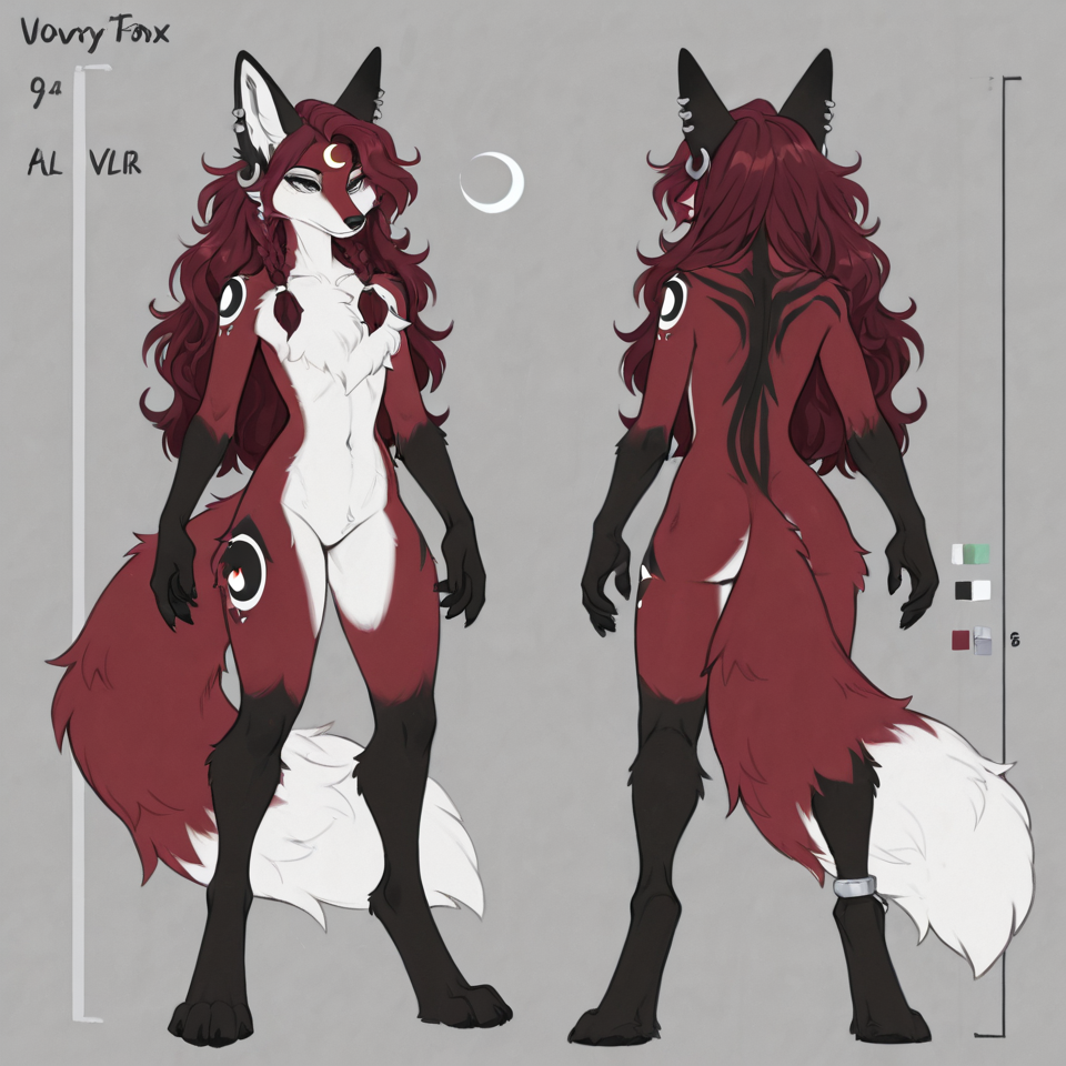 anthro female fox, dark burgundy red fur, slim build, digitigrade legs, nude, neutral pose, fluff on chest dark red hair, wavy hair, long hair, loose hair, braided hair, multiple small braids, hair wraps light grey-green eyes ivory muzzle, ivory chest fur, ivory belly fur, ivory tail tip black forearms, black hands, black lower arms, black legs, black feet, black from knees down, black stripe next to nose, black ear tips, charcoal black markings, black stripes on thighs, black stripes on upper arms crescent moon marking, white crescent moon, upside-down crescent moon on forehead with points upwards, white crescent moon on tail, white star design on each shoulder long fluffy tail, tail accessory, metal tail ring, silver tail band, braided tail fox ears, ear piercings, silver ear hoops clean lines, full body, front view, reference sheet style