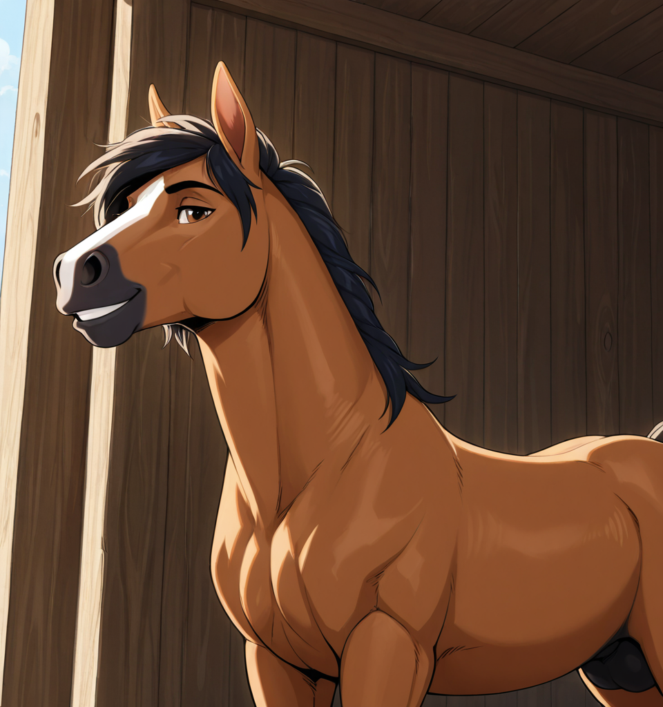 male feral horse, equine genitalia, leaking pre, smiling at viewer, feral horse, horse, male,