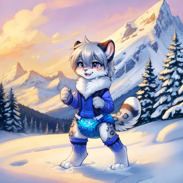 by tom fischbach,by arh,by seraziel,by silverfox5231, Character: feline,snow leopard, feral,detailed face,female,cute face, solo, solo, Wearing:  pattern skinsuit, diaper_under_clothing, vibrator_in_ass,  Scene:outside, mountain, snow, best_quality, HDR, 4K,