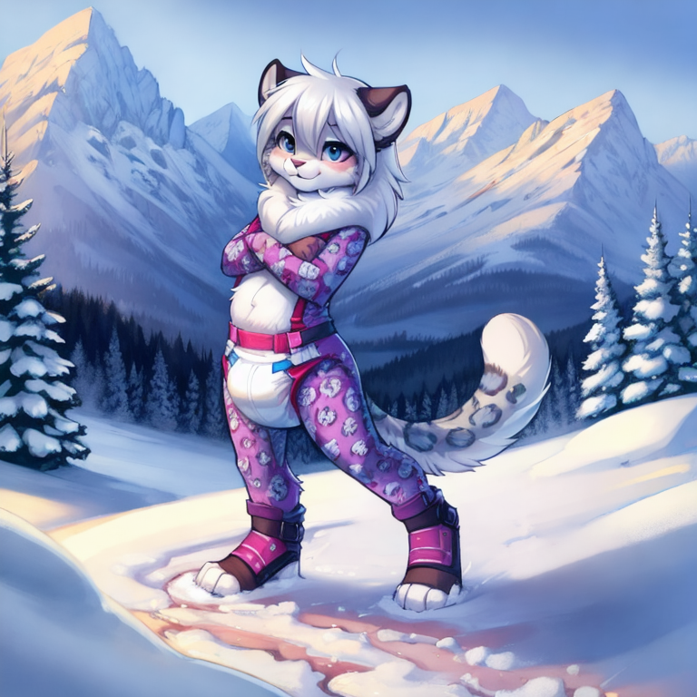 by tom fischbach,by arh,by seraziel,by silverfox5231, Character: feline,snow leopard, feral,detailed face,female,cute face, solo, solo, Wearing:  pattern skinsuit, diaper_under_clothing, vibrator_in_ass,  Scene:outside, mountain, snow, best_quality, HDR, 4K,