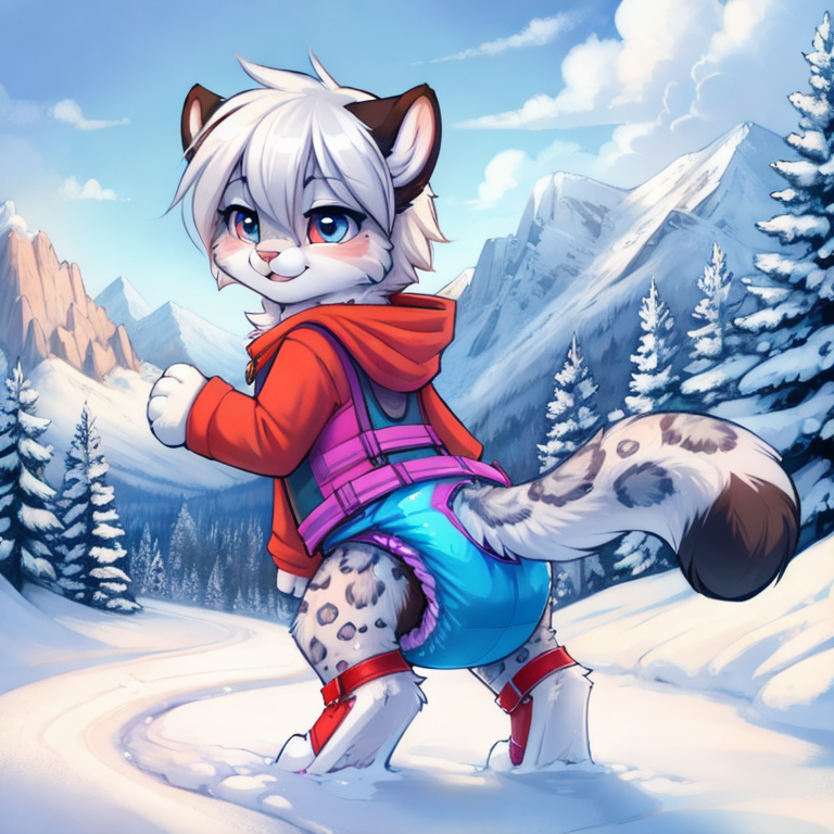 by tom fischbach,by arh,by seraziel,by silverfox5231, Character: feline,snow leopard, feral,detailed face,female,cute face, solo, solo, Wearing:  pattern skinsuit, diaper_under_clothing, vibrator_in_ass,  Scene:outside, mountain, snow, best_quality, HDR, 4K,