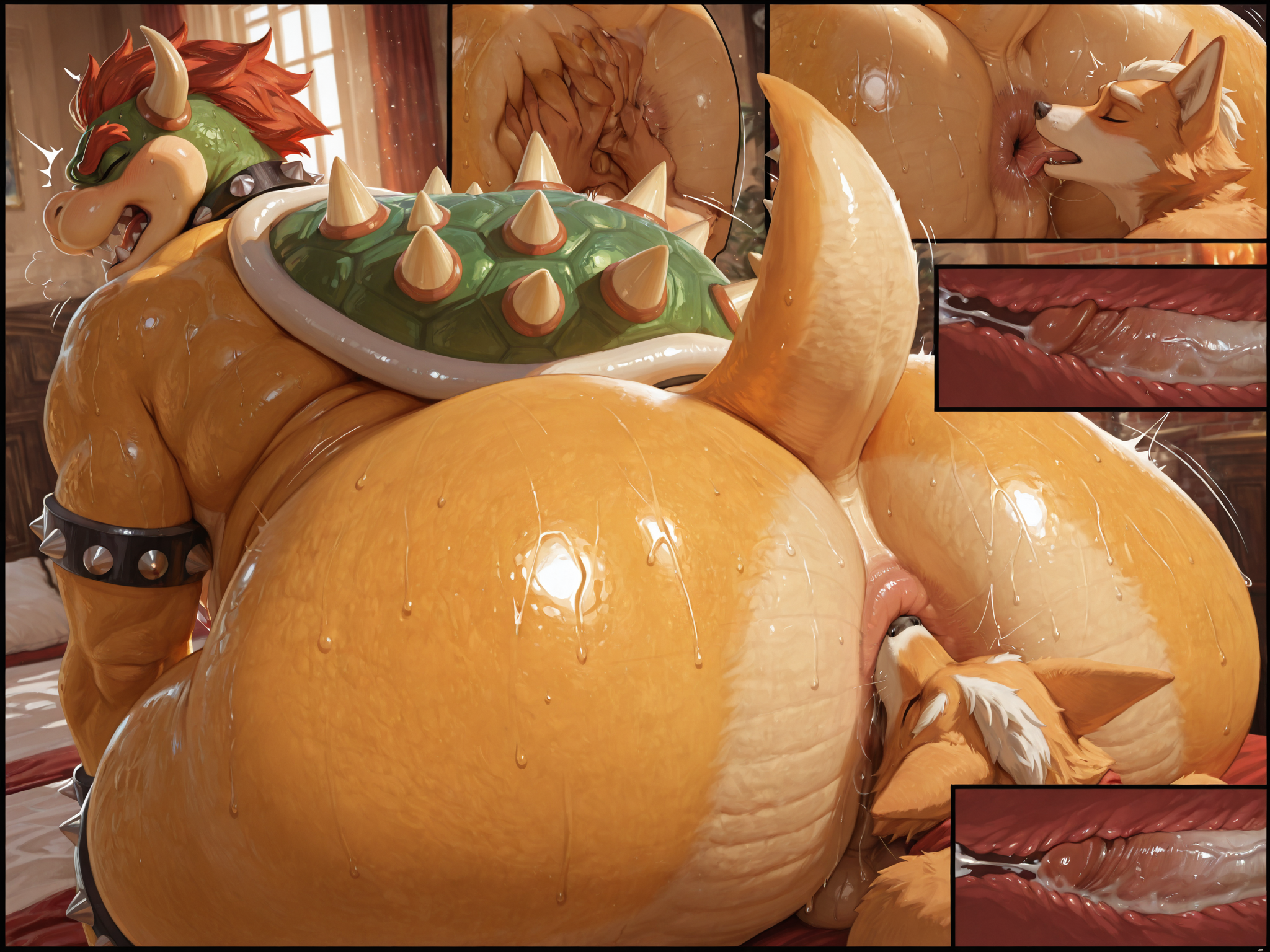 Fox_mccloud is rimming Bowser  so hard that Fox's head is inside Bowser's thick ass. Fox_mccloud, bowser, deep_rimming, internal, big_butt, huge_butt, cellulite, sweat, bodily_fluids, thick_thighs, nintendo, comic, anus, anal_orgasm, 3_panel_comic, comic, realistic, photorealism, painterly, snout_fuck, snout_in_ass