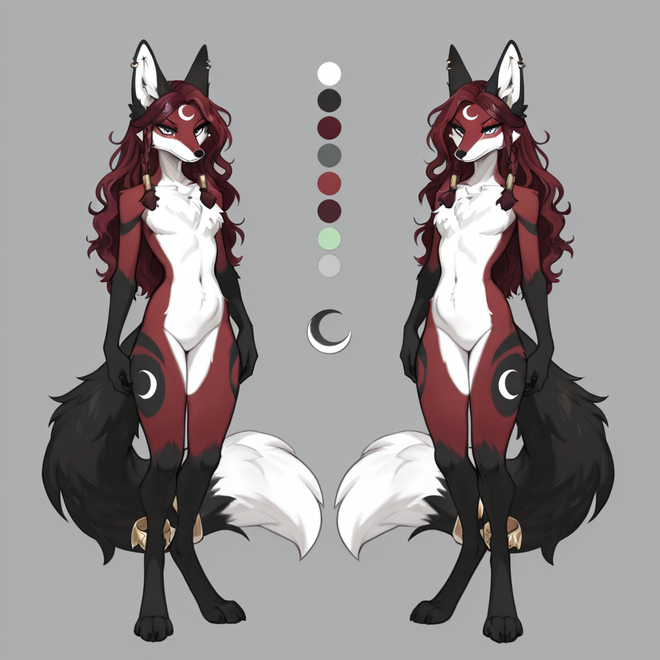 anthro female fox, dark burgundy red fur, slim build, digitigrade legs, nude, neutral pose, fluff on chest, dark red hair, wavy hair, long hair, loose hair, braided hair, multiple small braids, hair wraps light grey-green eyes, ivory muzzle, ivory chest fur, ivory belly fur, ivory tail tip, black forearms, black hands, black lower arms, black legs, black feet, black from knees down, black stripe next to nose, black ear tips, charcoal black markings, black stripes on thighs, black stripes on upper arms crescent moon marking, white crescent moon, upside-down crescent moon on forehead with points upwards, white crescent moon on tail, white crescent moon on black, long fluffy tail, tail accessory, metal tail ring, silver tail band, braided tail fox ears, ear piercings, silver ear hoops clean lines, full body, front view, reference sheet style