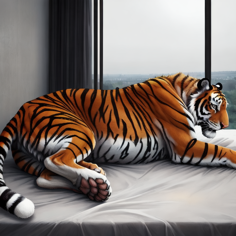 solo, tiger, realistic_feral, realistic_penis_size, anatomically_correct, anatomically_correct_genitalia, anatomically_correct_penis, feral, male, side_view, lying_on_bed,
