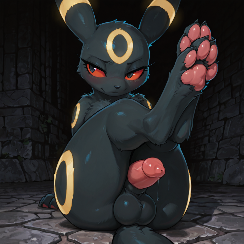 umbreon, animal_genitalia, futa, long_eyelashes, huge_filesize, one_eye_half-closed,    stone_floor, dark,  eye_roll,  foot_focus, solo, crossed_legs, pawpads, highres, bodily_fluids, feral, penis_tip,
